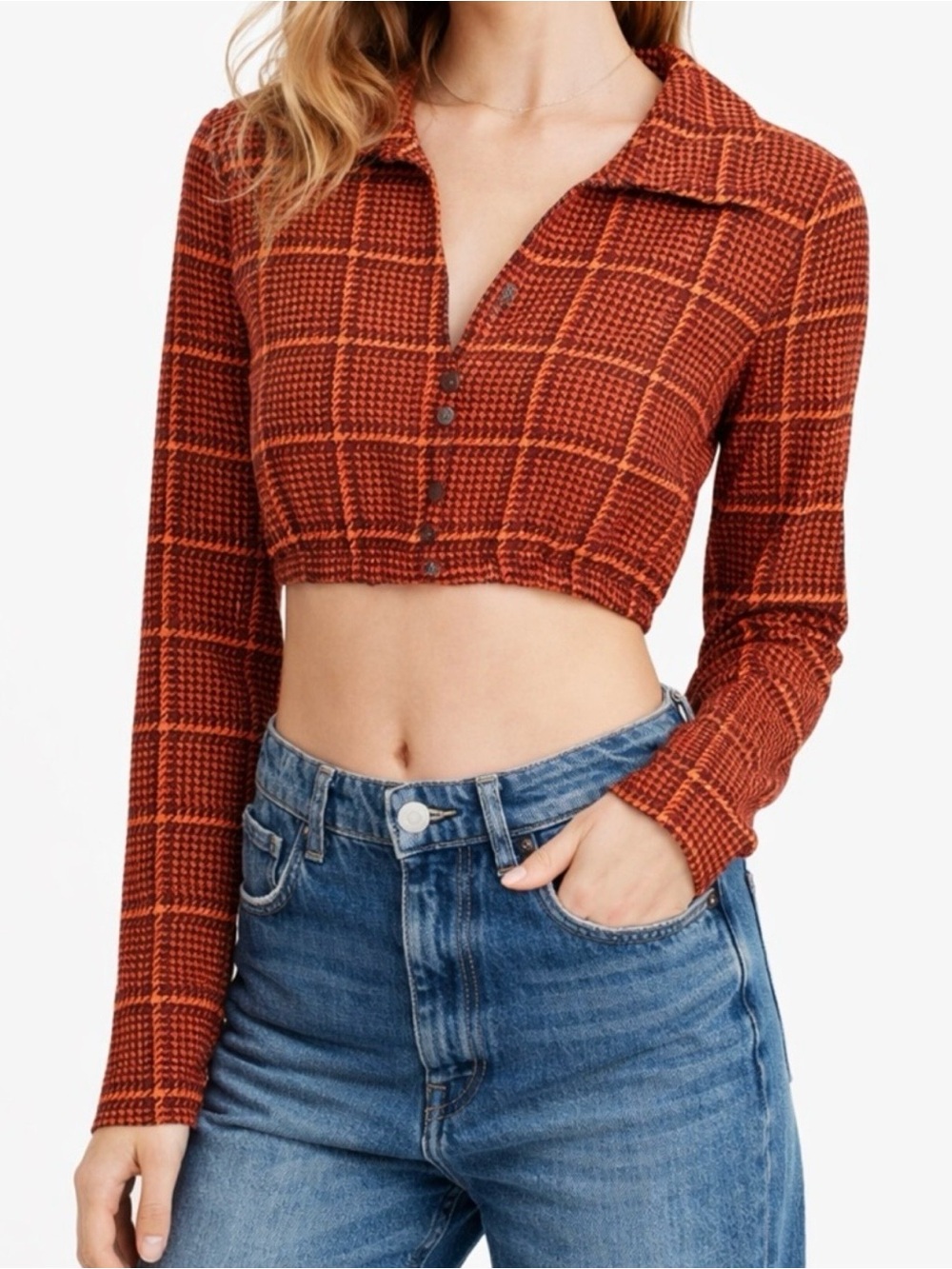Zara Orange and Black Cropped Plaid Button-Up blouse